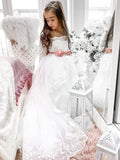 A-Line/Princess Tulle Sash/Ribbon/Belt Off-the-Shoulder 1/2 Sleeves Sweep/Brush Train Flower Girl Dresses TPP0007481