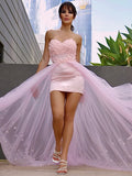 A-Line/Princess Hand-Made Flower Tulle Sleeveless Sweetheart Sweep/Brush Train Dresses TPP0001777