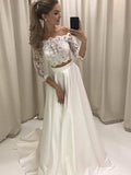 A-Line/Princess 3/4 Sleeves Off-the-Shoulder Court Train Applique Satin Wedding Dresses TPP0006556