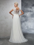 A-Line/Princess Sheer Neck Applique Short Sleeves Long Chiffon Wedding Dresses TPP0006193