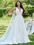 A-Line/Princess Satin Applique V-neck Sleeveless Sweep/Brush Train Wedding Dresses TPP0006501