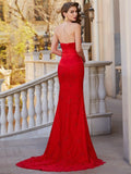 Trumpet/Mermaid Strapless Sleeveless Sweep/Brush Train Beading Satin Dresses TPP0002966