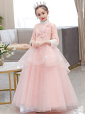 A-Line/Princess Tulle Hand-Made Flower High Neck 3/4 Sleeves Floor-Length Flower Girl Dresses TPP0007505