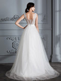 A-Line/Princess Sleeveless V-neck Sweep/Brush Train Tulle Wedding Dresses TPP0006437