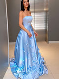 A-Line/Princess Satin Hand-Made Flower Strapless Sleeveless Sweep/Brush Train Dresses TPP0001585