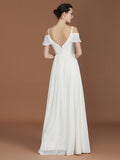 A-Line/Princess Short Sleeves Spaghetti Straps Ruched V-neck Floor-Length Chiffon Bridesmaid Dresses TPP0005580