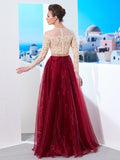 A-Line/Princess Sheer Neck Floor-Length Long Sleeves Applique Organza Dresses TPP0002909