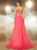 A-Line/Princess Sleeveless Sheer Neck Sweep/Brush Train Applique Chiffon Dresses TPP0003444