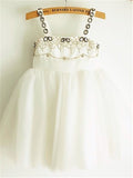 A-line/Princess Spaghetti Straps Sleeveless Beading Tea-Length Tulle Flower Girl Dresses TPP0007723