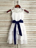 A-Line/Princess Chiffon Sash/Ribbon/Belt Scoop Sleeveless Tea-Length Flower Girl Dresses TPP0007521