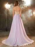 A-Line/Princess High Neck Sleeveless Sweep/Brush Train Crystal Chiffon Dresses TPP0002371