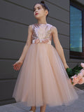 A-Line/Princess Tulle Bowknot Scoop Sleeveless Tea-Length Flower Girl Dresses TPP0007463