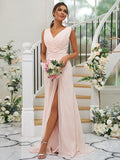 A-Line/Princess Chiffon Ruched V-neck Sleeveless Sweep/Brush Train Bridesmaid Dresses TPP0004916