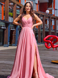 A-Line/Princess Chiffon Ruched Spaghetti Straps Sleeveless Sweep/Brush Train Dresses TPP0001551