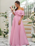 A-Line/Princess Chiffon Ruffles Off-the-Shoulder Sleeveless Floor-Length Bridesmaid Dresses TPP0004914