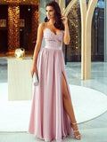 A-Line/Princess Sleeveless Spaghetti Straps Floor-Length Applique Silk like Satin Dresses TPP0002593