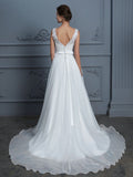 A-Line/Princess V-neck Sleeveless Floor-Length Lace Chiffon Wedding Dresses TPP0006395