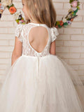 A-Line/Princess Tulle Lace Scoop Short Sleeves Floor-Length Flower Girl Dresses TPP0007903