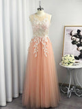 A-Line/Princess Scoop Tulle Applique Sleeveless Floor-Length Dresses TPP0004536