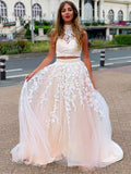 A-Line/Princess Sleeveless High Neck Applique Tulle Sweep/Brush Train Two Piece Dresses TPP0004700