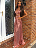 A-Line/Princess Sequins Sleeveless Ruffles V-neck Floor-Length Dresses TPP0004587