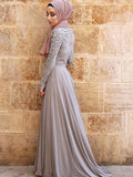 A-Line/Princess Long Sleeves Scoop Sweep/Brush Train Crystal Tulle Muslim Dresses TPP0003330