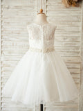 A-Line/Princess Tulle Lace Scoop Sleeveless Knee-Length Flower Girl Dresses TPP0007869