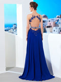 A-Line/Princess Sleeveless Sheer Neck Chiffon Applique Sweep/Brush Train Dresses TPP0003142