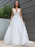 A-Line/Princess Lace Ruched V-neck Sleeveless Sweep/Brush Train Wedding Dresses TPP0006312