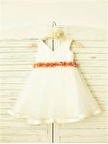 A-line/Princess V-neck Sleeveless Hand-made Flower Tea-Length Tulle Flower Girl Dresses TPP0007821