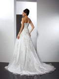 A-Line/Princess One-Shoulder Applique Sleeveless Long Satin Wedding Dresses TPP0006789