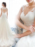 A-Line/Princess Sleeveless V-neck Court Train Applique Lace Wedding Dresses TPP0006590