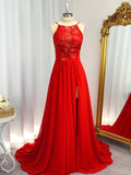 A-Line/Princess Halter Chiffon Sleeveless Applique Sweep/Brush Train Dresses TPP0004444