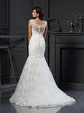 Trumpet/Mermaid Scoop Applique Short Sleeves Long Tulle Wedding Dresses TPP0006321