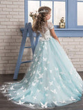 A-line/Princess Scoop Short Sleeves Lace Tulle Floor-Length Flower Girl Dresses TPP0007583