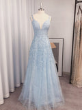 A-Line/Princess Sleeveless V-neck Applique Tulle Floor-Length Dresses TPP0004558