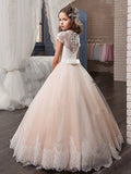 Ball Gown V-neck Short Sleeves Lace Floor-Length Tulle Flower Girl Dresses TPP0007596