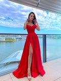 A-Line/Princess Sleeveless Off-the-Shoulder Satin Ruffles Sweep/Brush Train Dresses TPP0001373