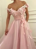 A-Line/Princess Sleeveless Off-the-Shoulder Floor-Length Applique Tulle Dresses TPP0002130