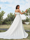 A-Line/Princess Satin Ruched Strapless Sleeveless Sweep/Brush Train Wedding Dresses TPP0007016