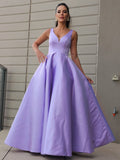 A-Line/Princess Satin Ruffles V-neck Sleeveless Floor-Length Dresses TPP0004628