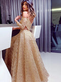 A-Line/Princess Off-the-Shoulder Long Sleeves Sequins Ruffles Floor-Length Dresses TPP0004409