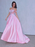 A-Line/Princess Satin Applique Off-the-Shoulder Sleeveless Sweep/Brush Train Dresses TPP0001446