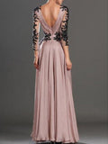 A-Line/Princess Long Sleeves V-neck Chiffon Applique Floor-Length Dresses TPP0001910