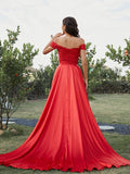 A-Line/Princess Silk like Satin Applique Off-the-Shoulder Sleeveless Sweep/Brush Train Two Piece Dresses TPP0001490