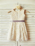 A-line/Princess Scoop Sleeveless Bowknot Tea-Length Lace Flower Girl Dresses TPP0007797