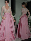 A-Line/Princess Long Sleeves V-neck Floor-Length Lace Satin Dresses TPP0002757