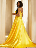 A-Line/Princess Silk like Satin Ruched V-neck Sleeveless Sweep/Brush Train Dresses TPP0001614