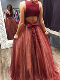 A-Line/Princess Sleeveless V-neck Sweep/Brush Train Ruffles Tulle Two piece Dresses TPP0003297