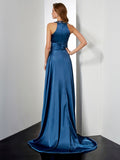 A-Line/Princess Halter Sleeveless Ruffles Long Elastic Woven Satin Dresses TPP0003218